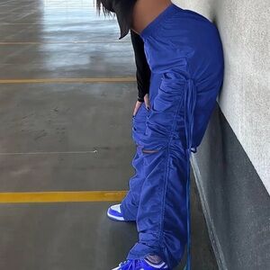 Royal Blue Adjustable Ruched Parachute Cargo Pants - Wide Leg Drawstring